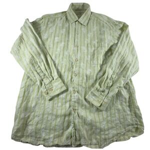 Tommy Bahama Linen Shirt Large Green Striped Pina Long Sleeve Button